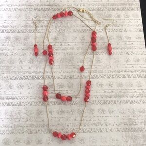 Vintage Gold tone Necklace & Earrings with Dark Coral / Pink Beads